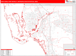 Cape Coral-Fort Myers Metro Area Wall Map Red Line Style 2024